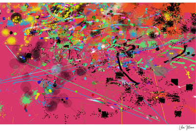 Abstract artwork with colorful splashes on a pink background