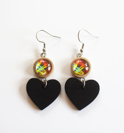Stainless steel statement earrings with abstract art in a 12mm charm and 3cm wooden heart embellishments